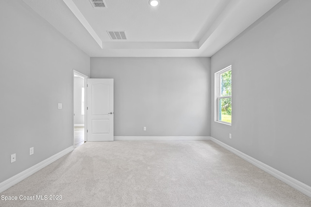 carpeted spare room with a tray ceiling