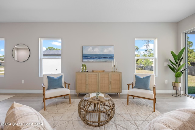 living room with a healthy amount of sunlight and light hardwood / wood-style flooring