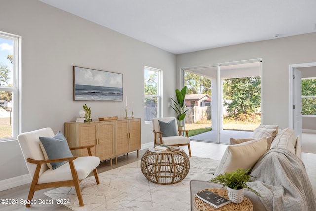 living room with light hardwood / wood-style flooring and a healthy amount of sunlight