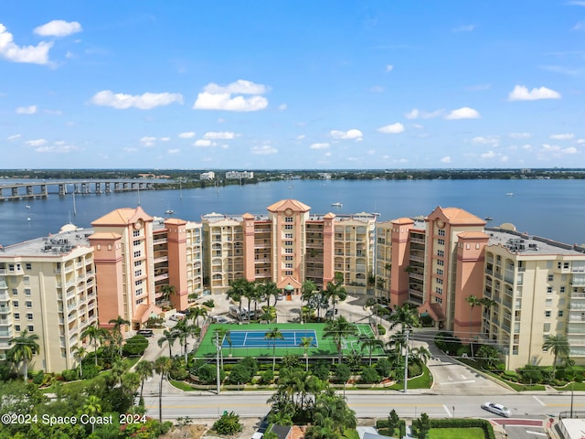 drone / aerial view featuring a water view