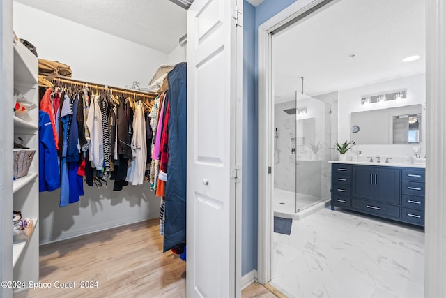 walk in closet featuring light hardwood / wood-style flooring and sink