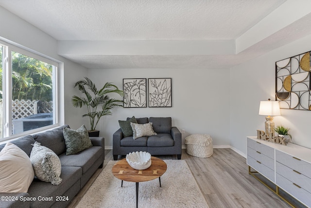 living room with a textured ceiling and light hardwood / wood-style flooring