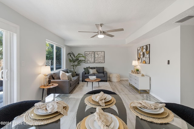 living room featuring light hardwood / wood-style floors, a textured ceiling, and a wealth of natural light