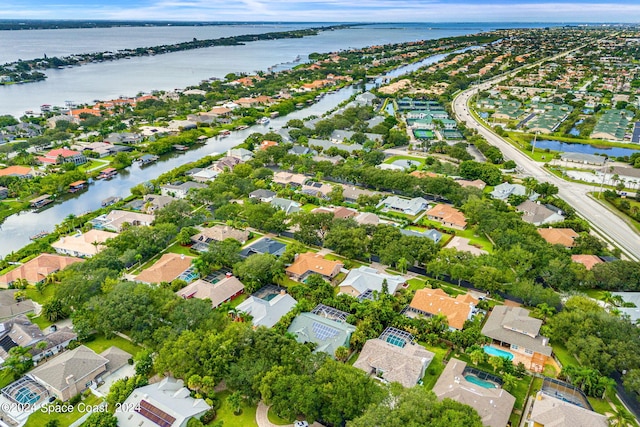 bird's eye view with a water view