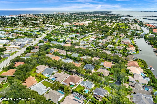 aerial view featuring a water view