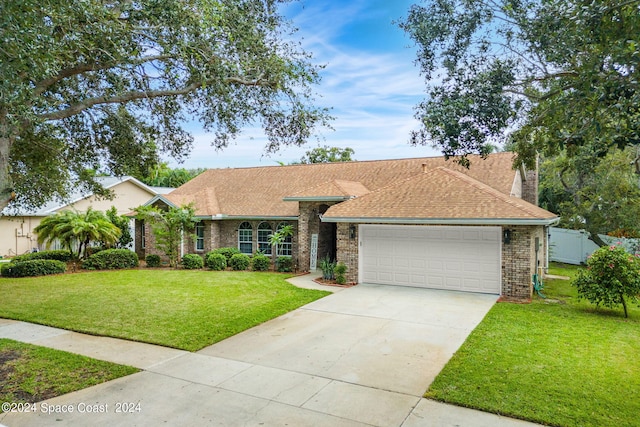 ranch-style house with a garage and a front lawn