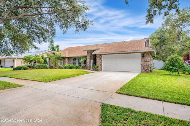 single story home featuring a front yard and a garage