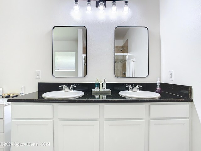 bathroom featuring walk in shower and vanity