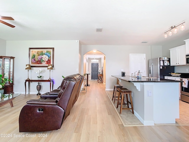 interior space with ceiling fan, light hardwood / wood-style flooring, and sink