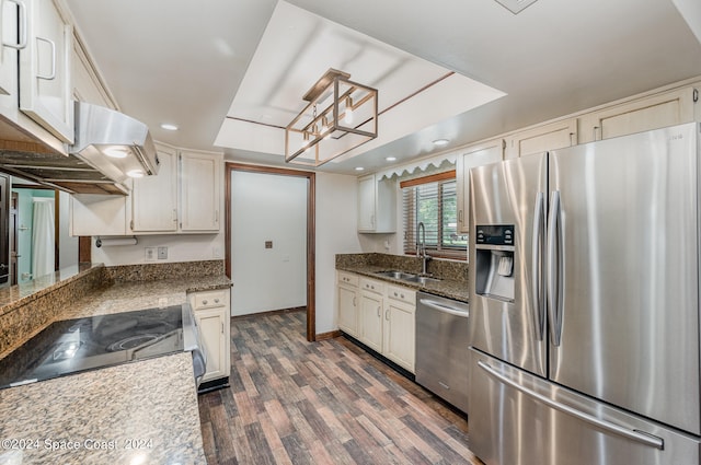 kitchen with appliances with stainless steel finishes, dark hardwood / wood-style flooring, decorative light fixtures, sink, and a notable chandelier