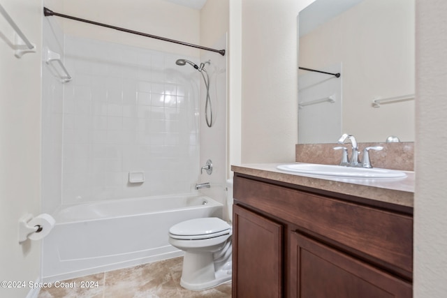 full bathroom featuring vanity, tiled shower / bath combo, and toilet