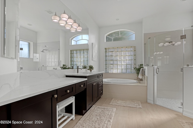 bathroom with vanity, plus walk in shower, and a wealth of natural light