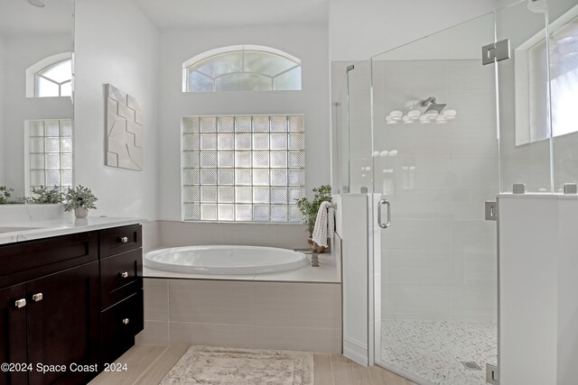 bathroom featuring vanity, hardwood / wood-style floors, plus walk in shower, and plenty of natural light