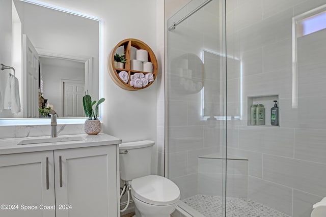 bathroom with walk in shower, vanity, and toilet