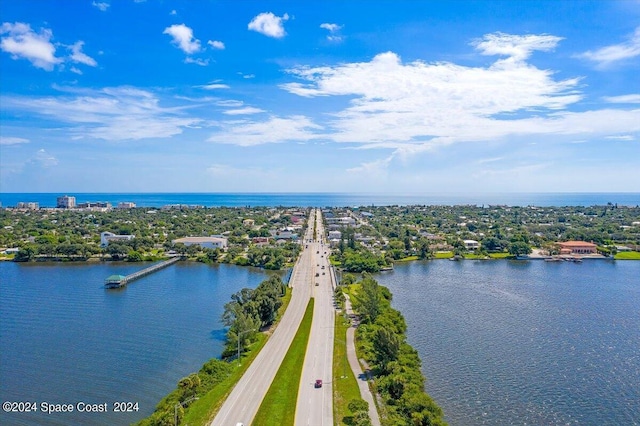 bird's eye view with a water view