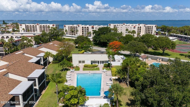 drone / aerial view featuring a water view