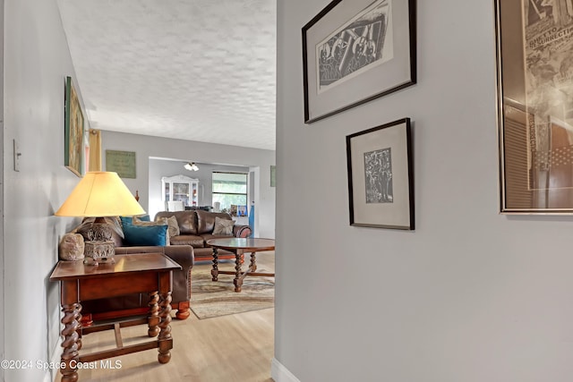 hallway with wood-type flooring and a textured ceiling