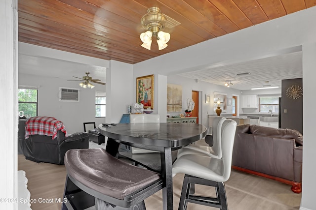 dining space featuring ceiling fan, light hardwood / wood-style floors, wood ceiling, and a wall mounted AC