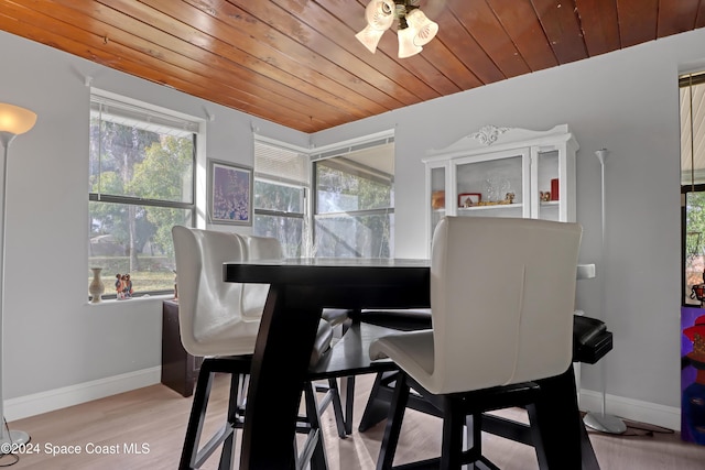 dining space featuring light hardwood / wood-style floors, plenty of natural light, and wood ceiling