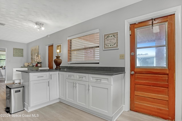 kitchen featuring light wood-type flooring and white cabinetry