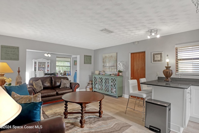 living room with a notable chandelier, a textured ceiling, and light wood-type flooring