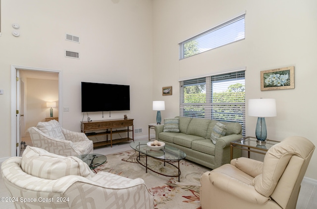 living room featuring light hardwood / wood-style floors and a high ceiling