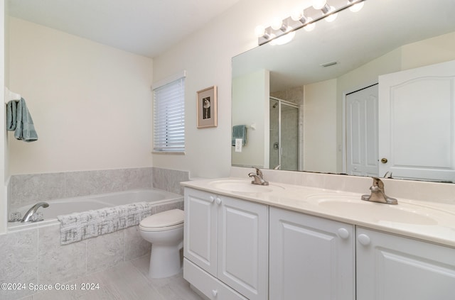 full bathroom featuring plus walk in shower, tile patterned flooring, vanity, and toilet