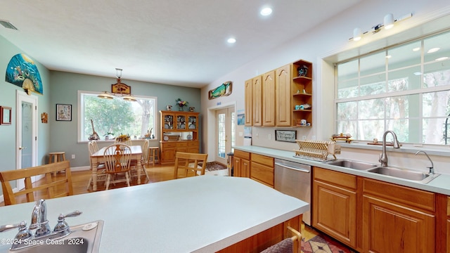 kitchen featuring pendant lighting, stainless steel dishwasher, and sink