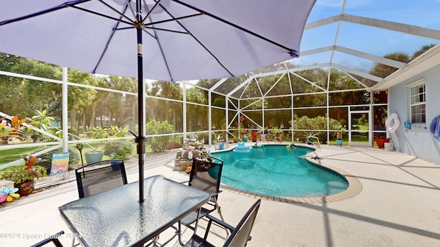 view of swimming pool featuring a lanai and a patio area