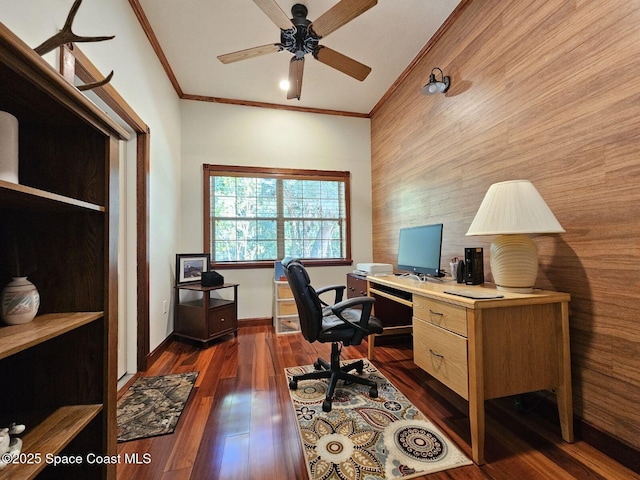 office with crown molding, dark hardwood / wood-style floors, and ceiling fan