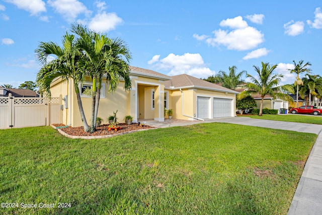 mediterranean / spanish house featuring a front lawn and a garage