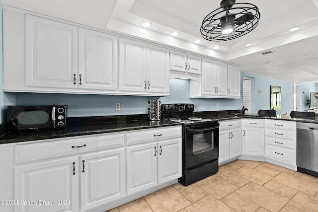 kitchen with dishwasher, white cabinetry, ceiling fan, a raised ceiling, and black range with electric cooktop