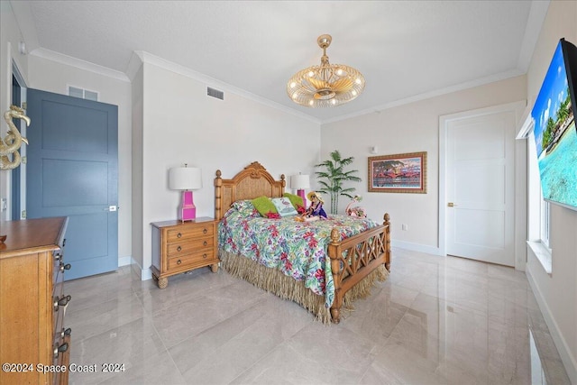 bedroom featuring a notable chandelier and crown molding