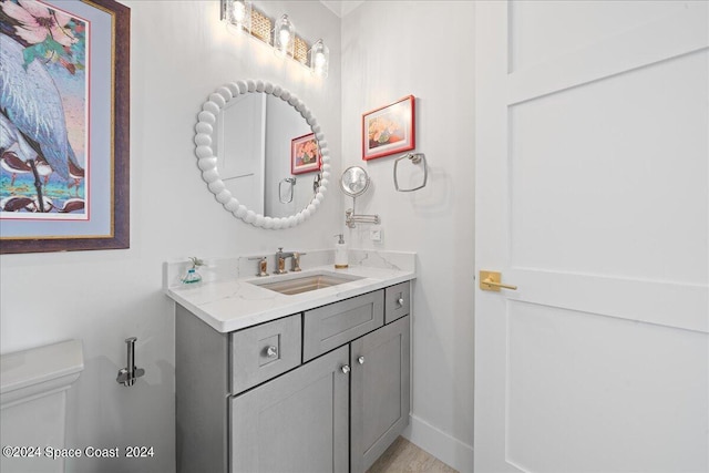 bathroom with wood-type flooring, vanity, and toilet