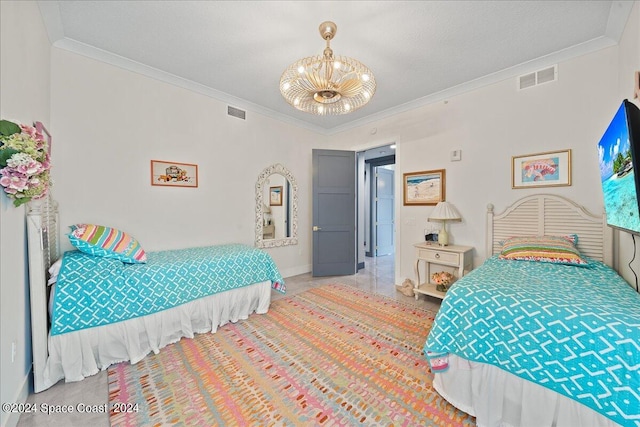 bedroom featuring an inviting chandelier and crown molding