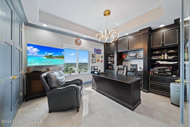 office space featuring a notable chandelier and a raised ceiling