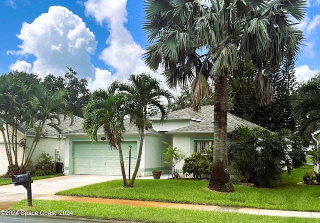 view of front facade with a garage and a front lawn