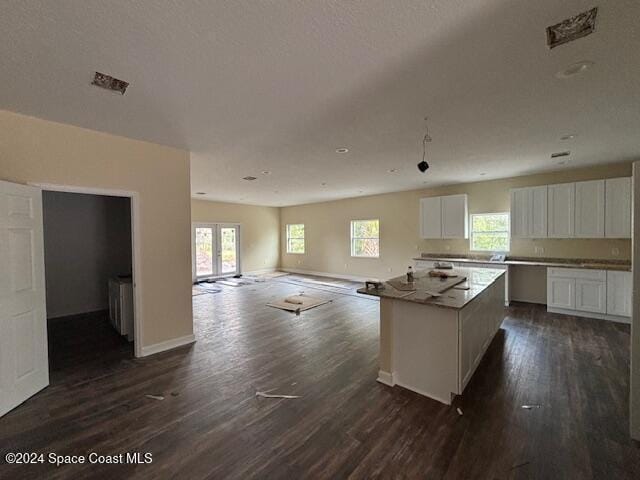 kitchen with white cabinetry, dark wood-type flooring, plenty of natural light, and a kitchen island