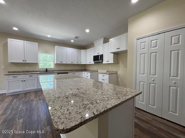 3250 San Jose Ave SE, Palm Bay, FL 32909 - kitchen with light stone countertops, dark wood-style floors, stainless steel microwave, white cabinets, and recessed lighting