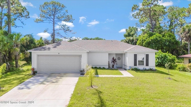 ranch-style house with a garage and a front lawn