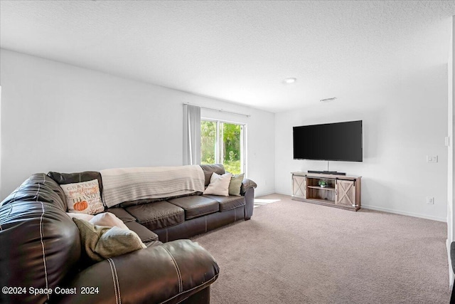 living room featuring light carpet and a textured ceiling