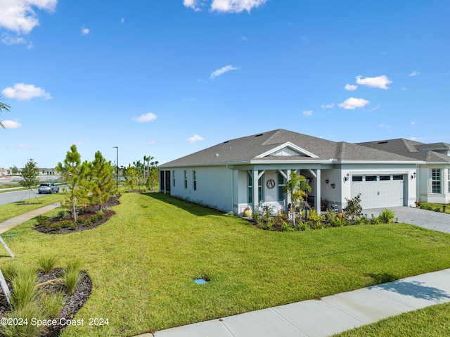 ranch-style home with a front lawn, decorative driveway, stucco siding, a shingled roof, and an attached garage