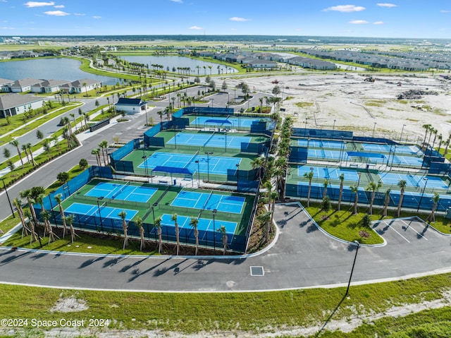 bird's eye view with a water view