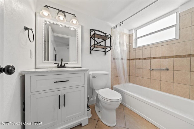 full bathroom featuring shower / tub combo with curtain, vanity, toilet, and tile patterned flooring