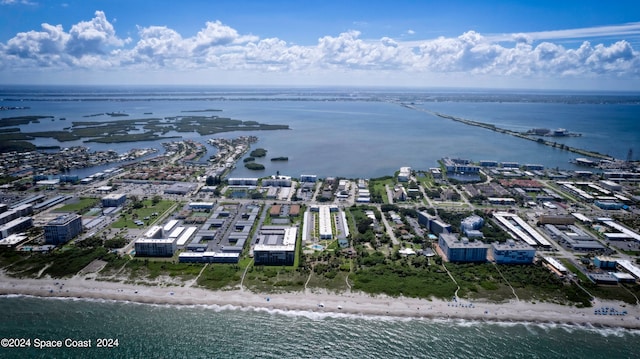 drone / aerial view with a water view and a beach view