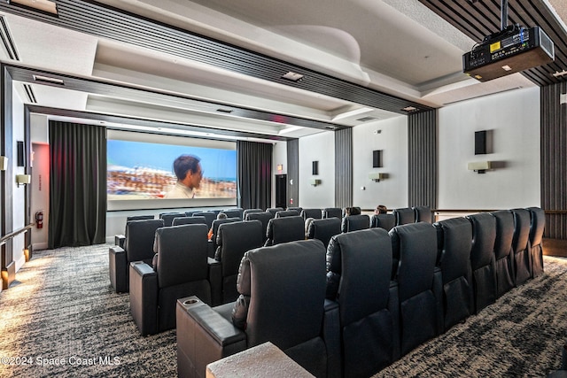 carpeted home theater featuring a raised ceiling