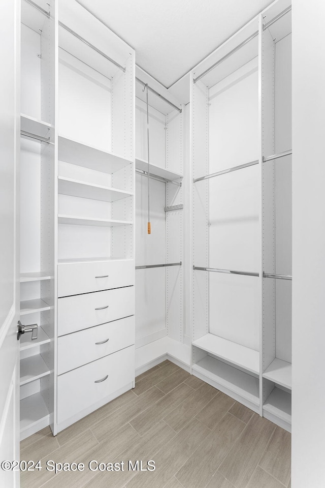 walk in closet with light hardwood / wood-style flooring