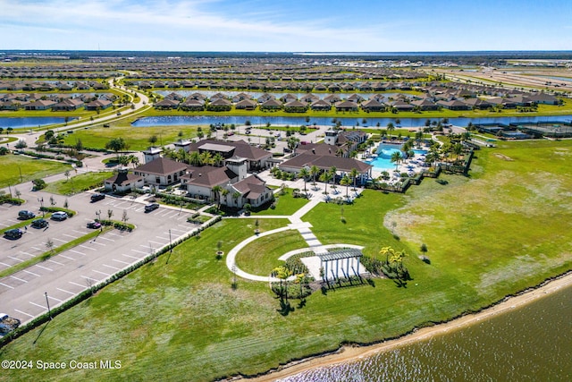 drone / aerial view featuring a water view