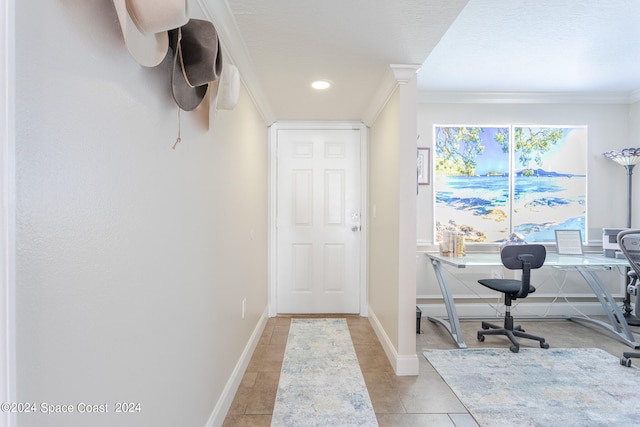 tiled office space featuring ornamental molding