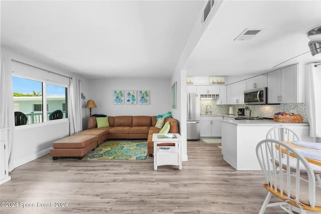 living room featuring light hardwood / wood-style flooring and sink